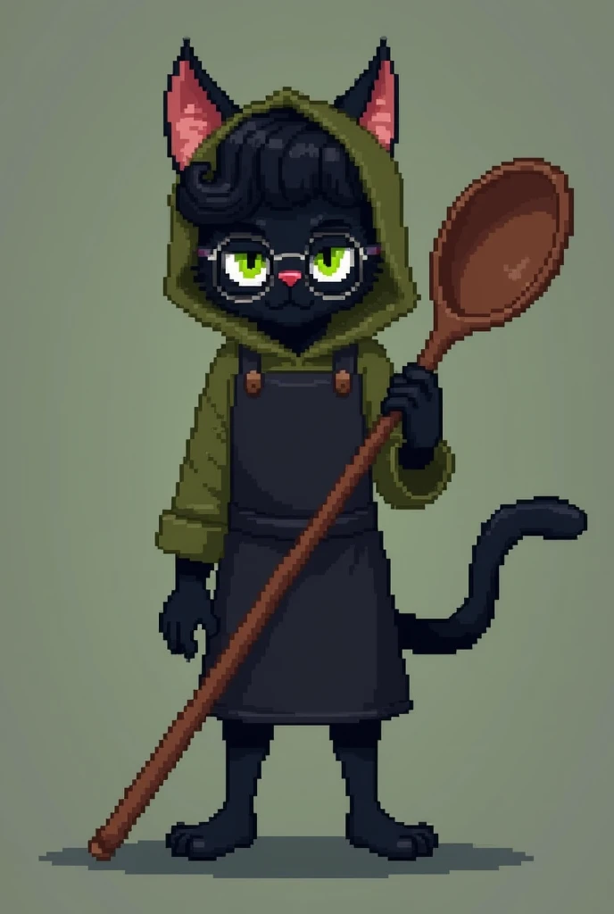 (pixel art 16 bits), skinny small male black cat with green eyes, round glasses, curly hair, wearing a olive hoodie covering its face and a black chefs apron, holding a big wooden spoon like a greatsword