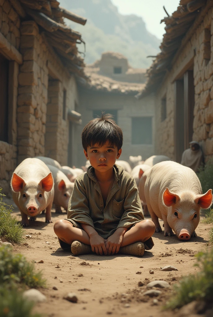 Draw the son a little older, who is dirty himself, how he sits alone in the dirt among pigs in ancient times