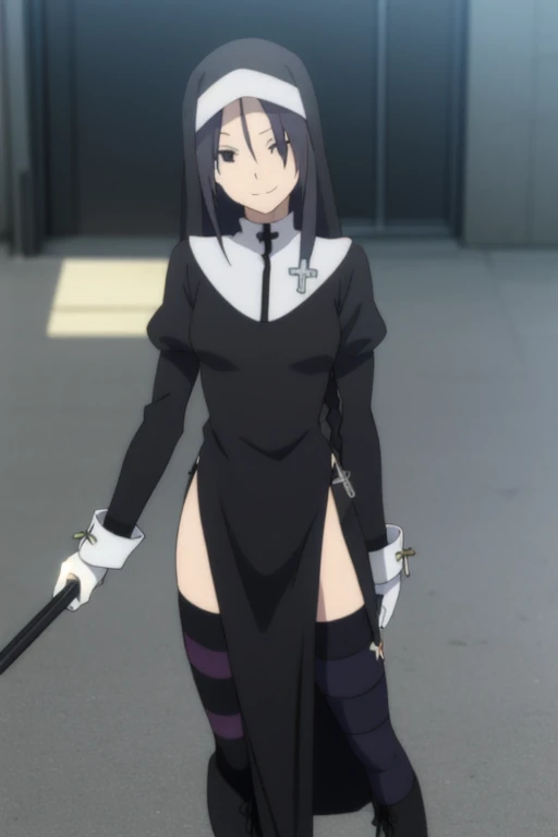shinatsuhiko_yae, long hair, black hair, black eyes, nun, cross, striped thighhighs, long sleeves, dress, jewelry, side slit,white footwear,boots, room, white gloves, Solo, 1girl, smile, long skirt