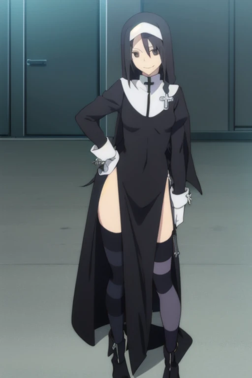 shinatsuhiko_yae, long hair, black hair, black eyes, nun, cross, striped thighhighs, long sleeves, dress, jewelry, side slit,white footwear,boots, room, white gloves, Solo, 1girl, smile,
