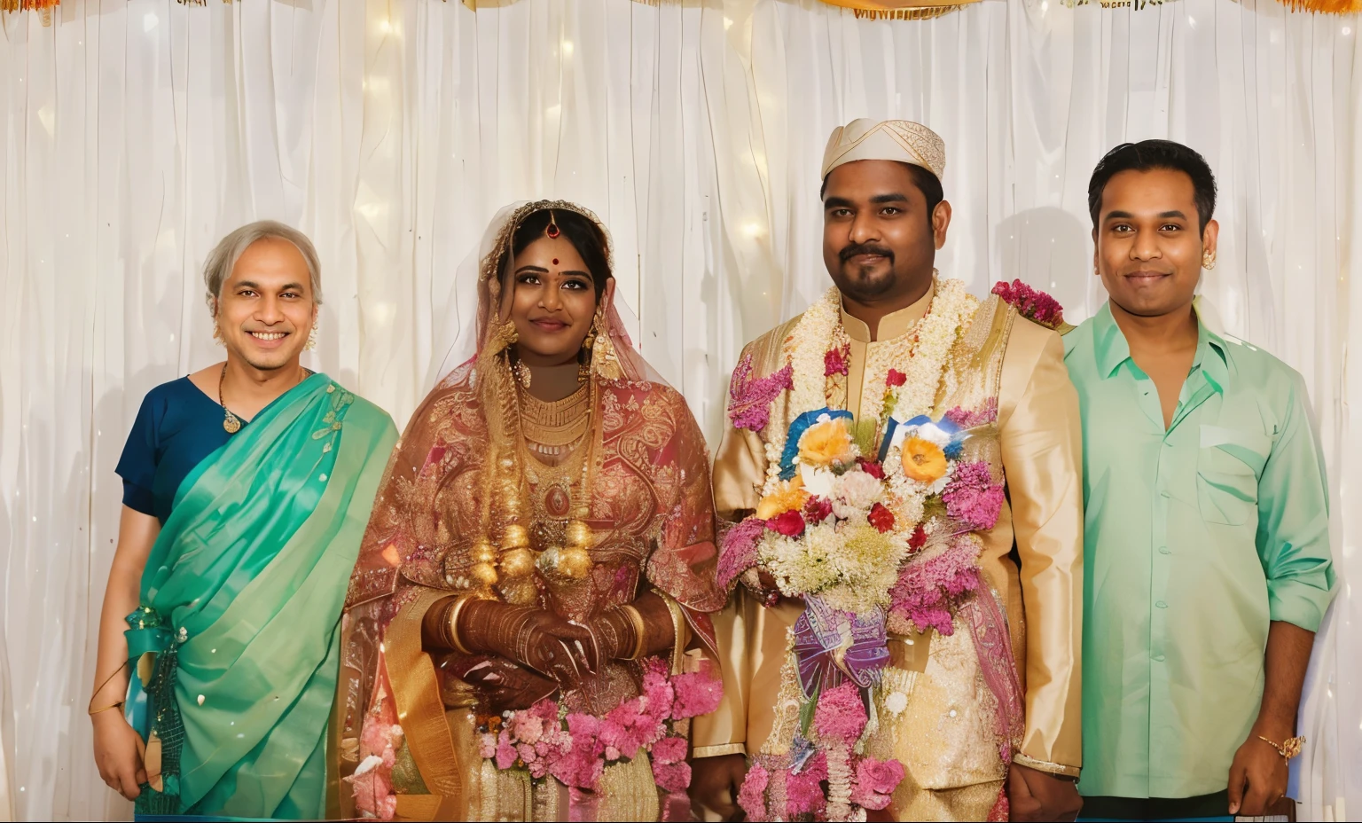 there are three indian people standing next to each other in front of a backdrop, bride and groom, celebrating an illegal marriage, photo taken in 2 0 2 0, lovely couple, wedding photo, exclusive, wearing traditional garb, wedding, wearing jedi robes and a sari, edited, happy couple, very poor quality of photography, wearing elaborate green and gold, couple
