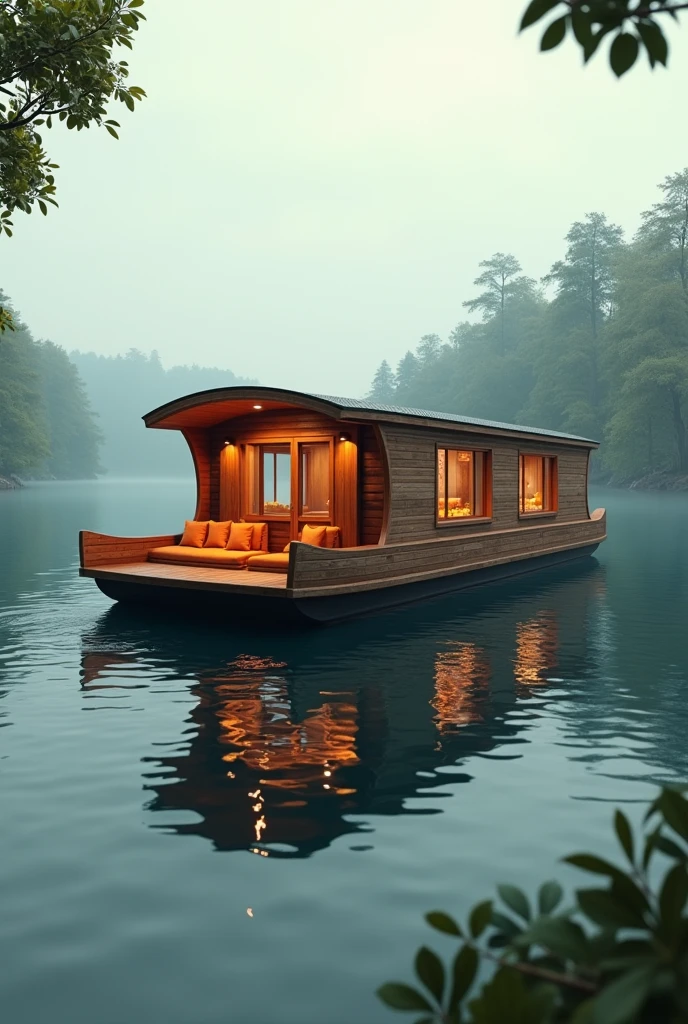 The image shows a wooden boat floating on a body of water. The boat is made of a curved wooden structure with multiple windows on the sides, allowing natural light to enter the space. The interior of the boat is furnished with orange cushioned seating and a wooden deck. The sky is overcast and there are trees in the background, creating a peaceful and serene atmosphere. The water is calm and still, reflecting the boat and the surrounding landscape.