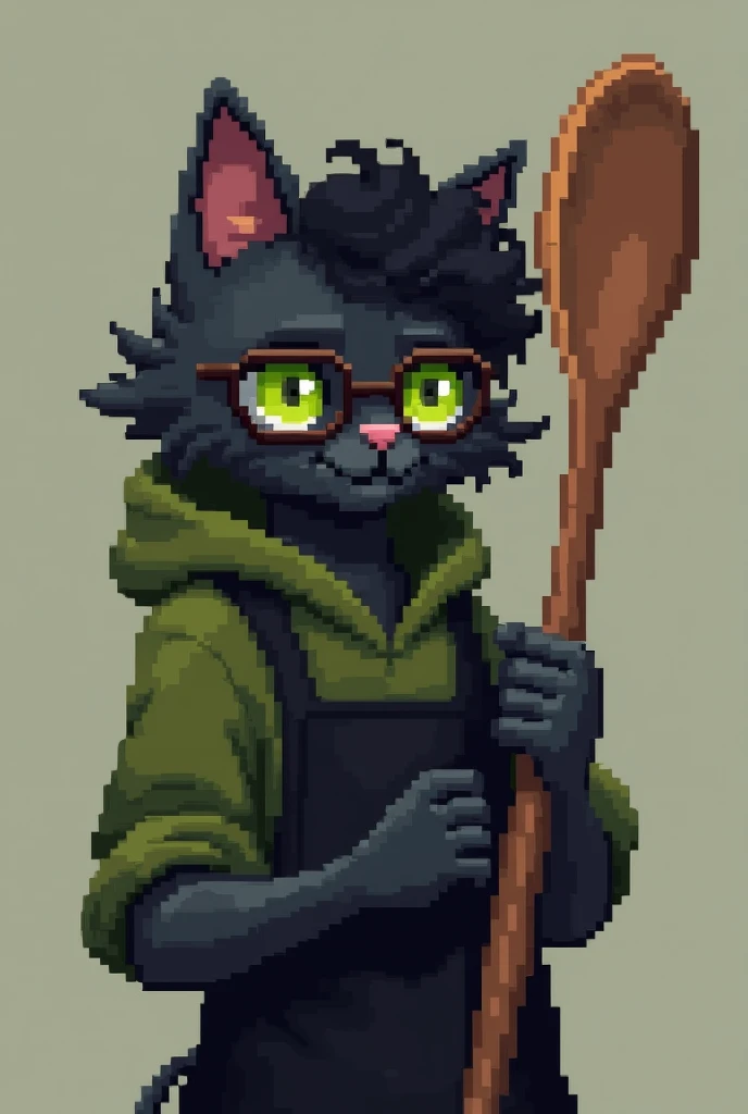 (pixel art 16 bits),logo, skinny small male black cat with green eyes,glasses, curly hair, wearing a olive hoodie covering its face and a black chefs apron, holding a big wooden spoon like a greatsword