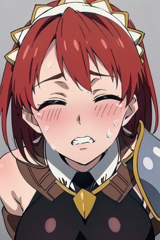 Cecily Campbell, big breasts, armor, breastplate, red hair, closed eyes, 1girl, solo, looking at the viewer, upper body, (aroused facial expression), clenched teeth, blush, sweat, close-up, (simple dark background)