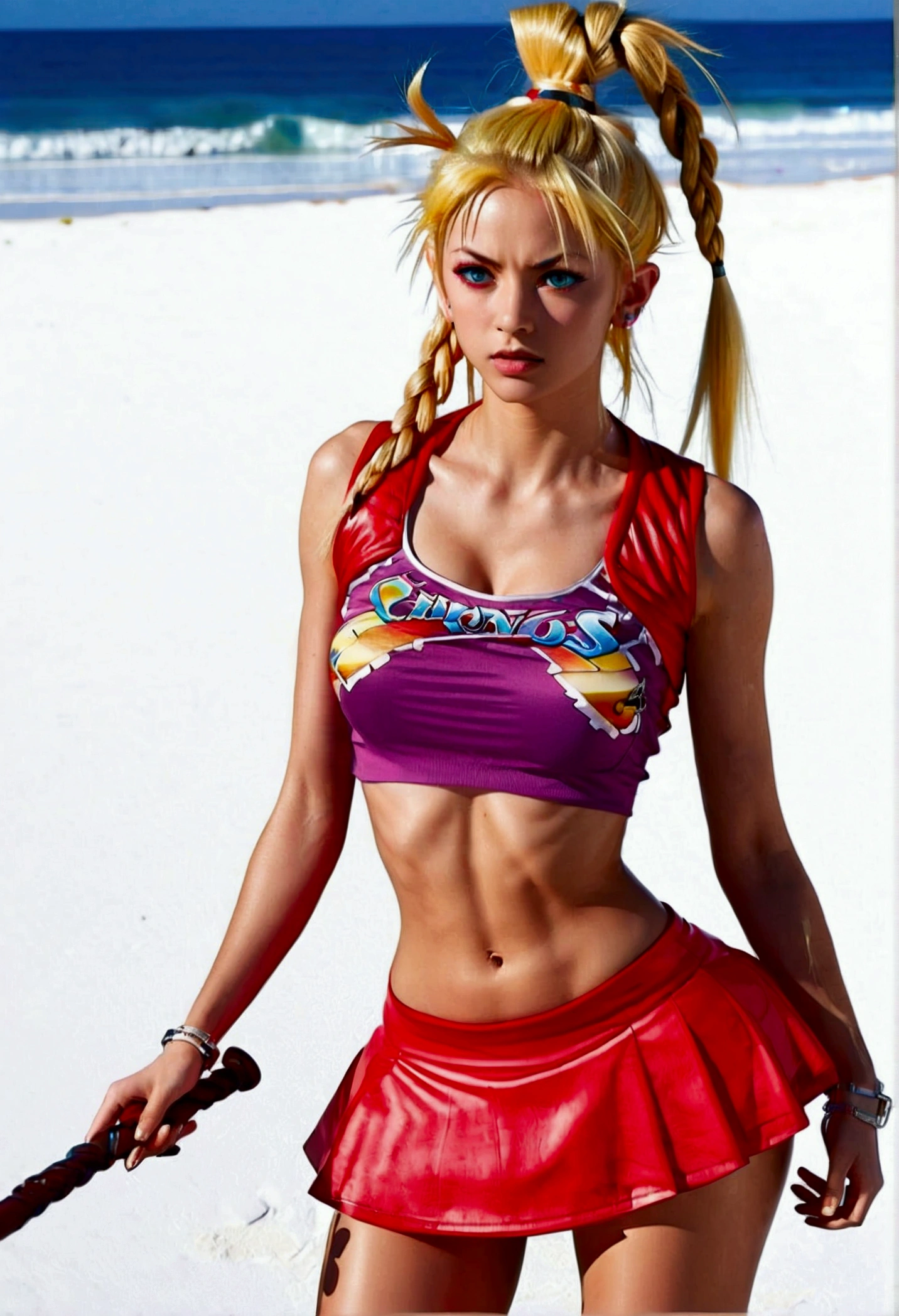 (promotional art), (Kid from Chrono Cross), yellow hair in high ponytail braid, sapphire blue eyes, very slender toned frame, lean and , medium/large bust, flat tummy, very pale white skin, (strong shoulders), fierce expression, BREAK: (tight red micro skirt with extremely high front slit:1.4), (highly cropped red jacket with short sleeves), white crop top under jacket, (underboob showing), BREAK: 1/4 walking pose, on a white sand beach, ocean spray shooting up behind her