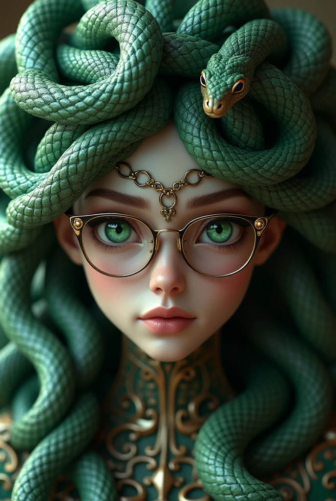 Medusa, ((best quality)), ((masterpiece)), ((realistic)), full body, the hair is composed of countless small snakes, ((green eyes)), female face, wearing glasses, metal carved top, royal aura, trend on artstation , sharp focus, studio photo, intricate detail, very detailed, detailed eye, illustration, very detailed, sharp focus, digital render, professional, 4k, full body