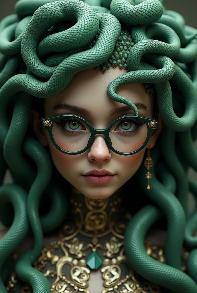 Medusa, ((best quality)), ((masterpiece)), ((realistic)), full body, the hair is composed of countless small snakes, ((green eyes)), female face, wearing glasses, metal carved top, royal aura, trend on artstation , sharp focus, studio photo, intricate detail, very detailed, detailed eye, illustration, very detailed, sharp focus, digital render, professional, 4k, full body
