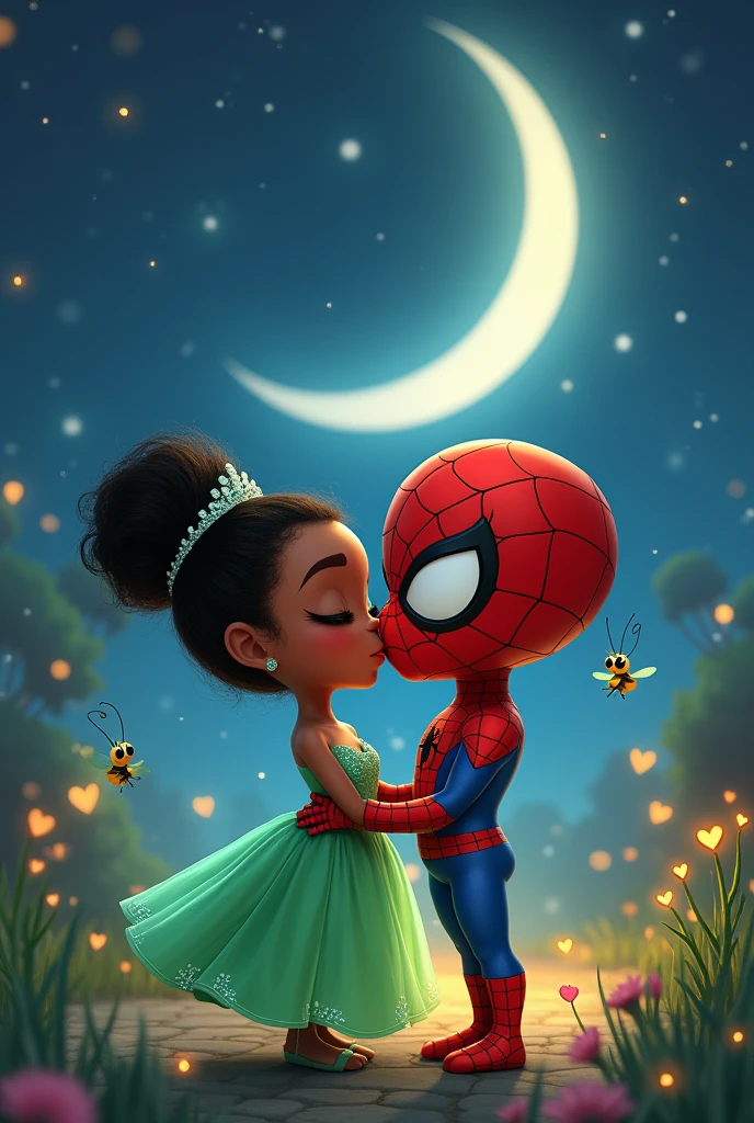Tiana in a green princess dress with diamonds kissing Spiderman but the image must be chibi and the background must be at night with the moon and with many stars like Evangeline who appears in the movie and Ray making several hearts with his light