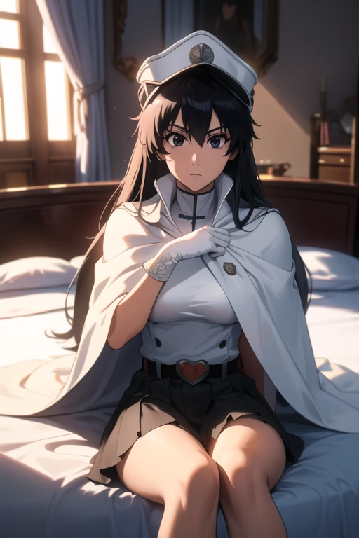bambietta, bambietta basterbine, long hair, black hair, (black eyes:1.5), (medium breast:1.2),
BREAK skirt, gloves, boots, belt, cape, cloak, white cloak, hat, cap,
BREAK looking at viewer,
BREAK (masterpiece:1.2), best quality, high resolution, unity 8k wallpaper, (illustration:0.8), (beautiful detailed eyes:1.6), extremely detailed face, perfect lighting, extremely detailed CG, (perfect hands, perfect anatomy), bedroom, sitting