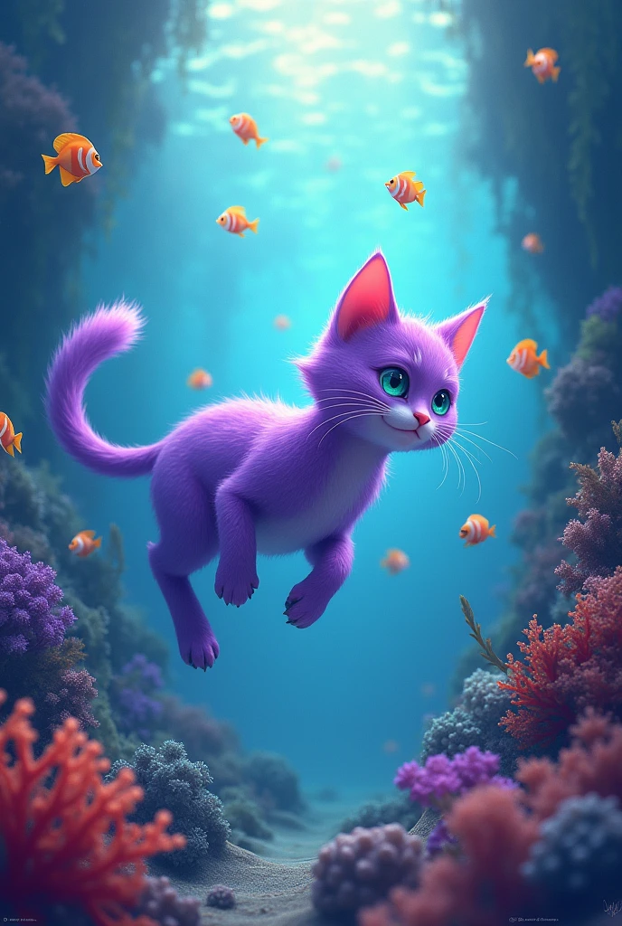 Purple cat playing at the bottom of the sea