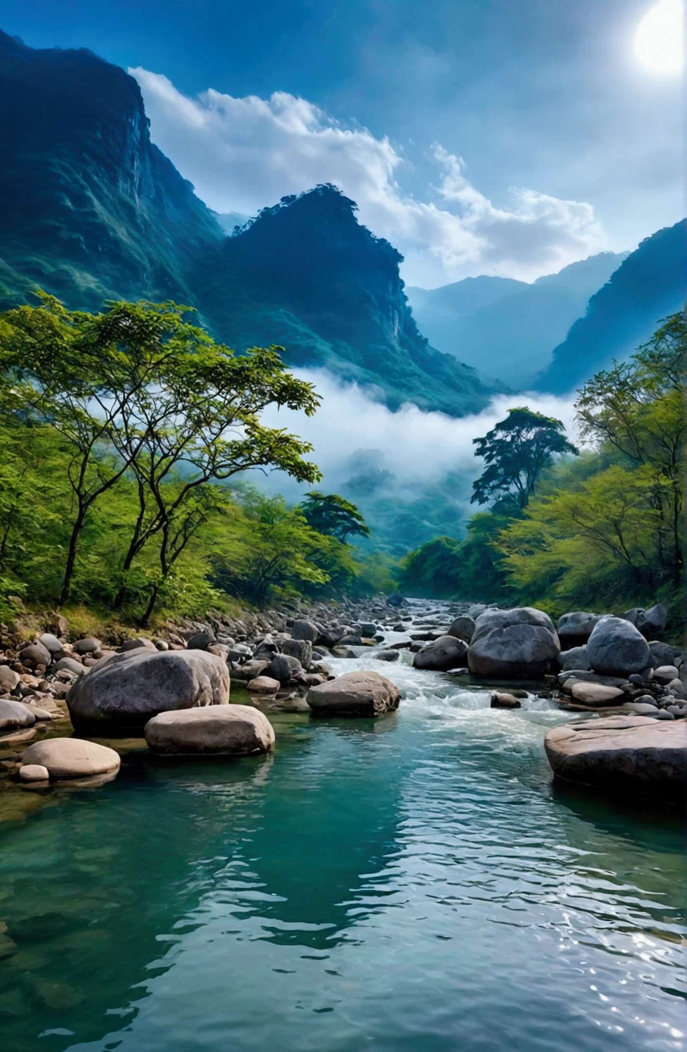 Stream water is clear and transparent,There are several bare rock mountains behind,Clouds and mist,Spectacular