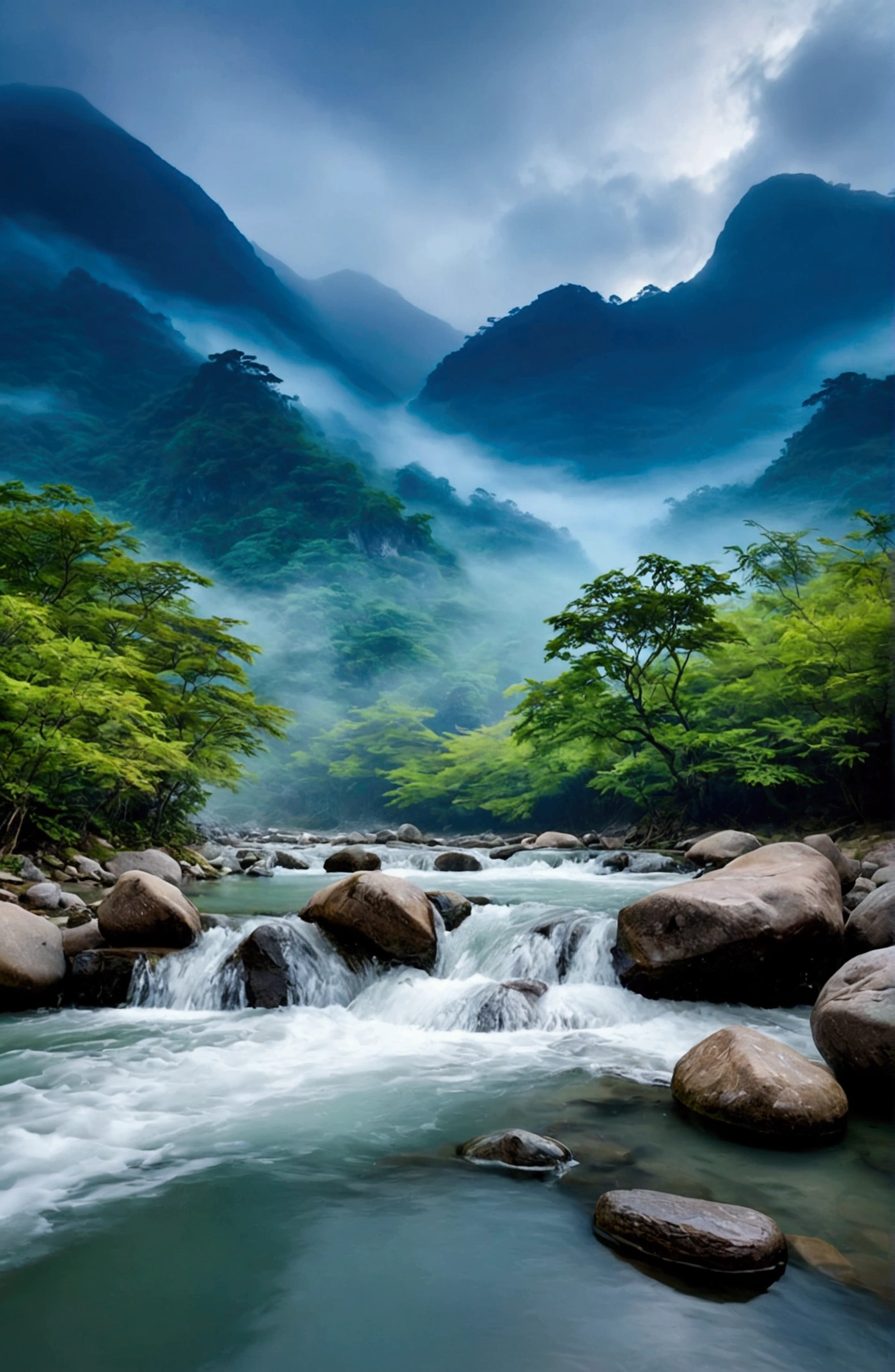 Stream water is clear and transparent,There are several bare rock mountains behind,Clouds and mist,Spectacular