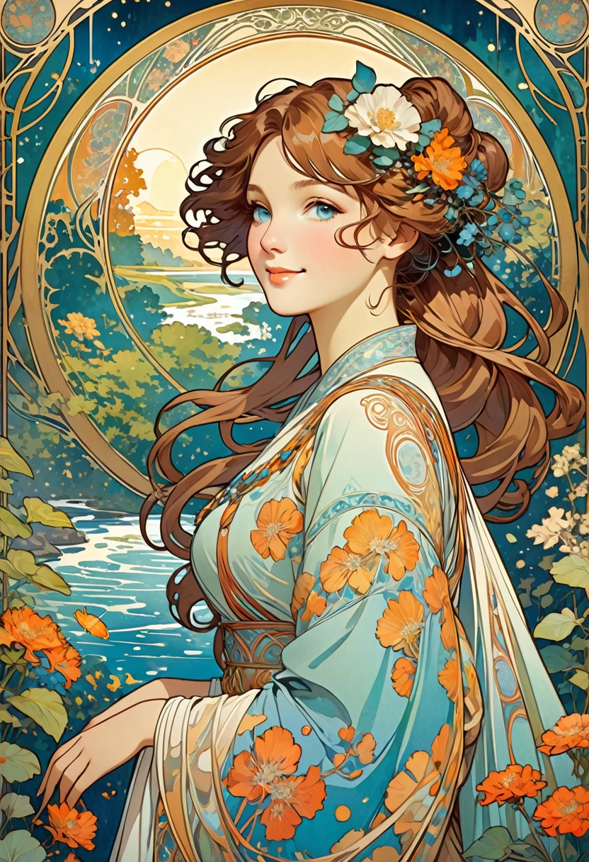 cover page, highres, top quality, best quality, paid reward available, unparalleled masterpiece, perfect artwork, absurdres, High-quality illustrations by Alphonse Mucha, art nouveau, Delicate and elegant linework, flowing hair, Flowing Dresses, Curvilinear lines, Decoration with plant motifs, Geometric decoration, Poetic atmosphere, Rich colors, Dreamy, mystical, Tarot Card(In the forest where the stream flows, Backlighting)perfect anatomy(Furry, Solo focus, Dress, Long Globe, Facial features of animals, Features of the animal's body)All over body, Archaic Smile (portrait),