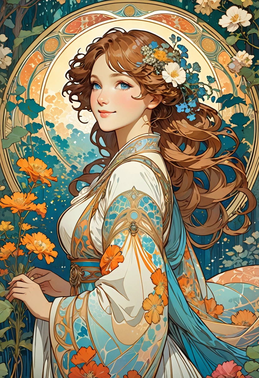 cover page, highres, top quality, best quality, paid reward available, unparalleled masterpiece, perfect artwork, absurdres, High-quality illustrations by Alphonse Mucha, art nouveau, Delicate and elegant linework, flowing hair, Flowing Dresses, Curvilinear lines, Decoration with plant motifs, Geometric decoration, Poetic atmosphere, Rich colors, Dreamy, mystical, Tarot Card(In the forest where the stream flows, Backlighting)perfect anatomy(Furry, Solo focus, Dress, Long Globe, Facial features of animals,  Features of the animal's body)All over body, Archaic Smile (portrait),