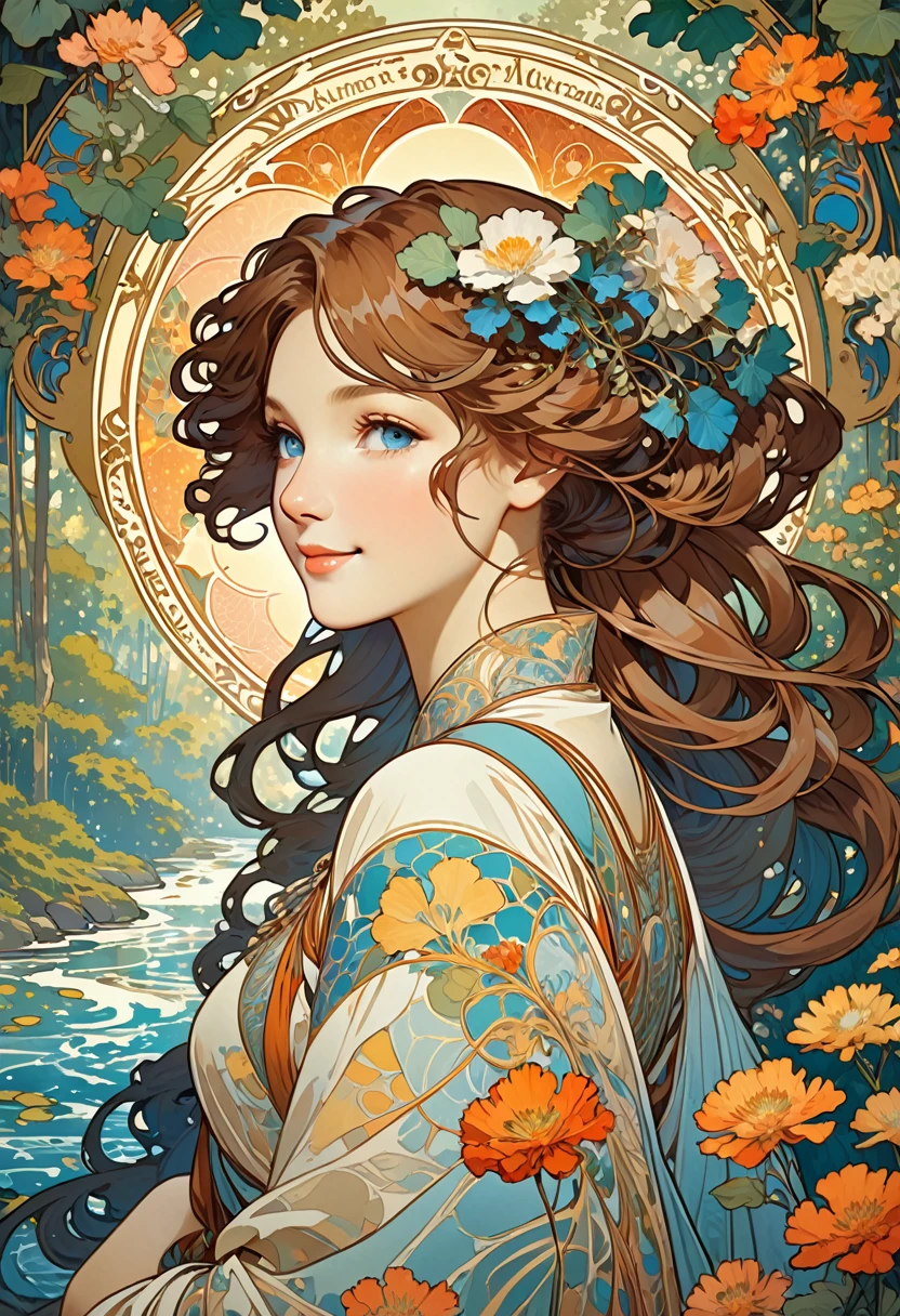 cover page, highres, top quality, best quality, paid reward available, unparalleled masterpiece, perfect artwork, absurdres, High-quality illustrations by Alphonse Mucha, art nouveau, Delicate and elegant linework, flowing hair, Flowing Dresses, Curvilinear lines, Decoration with plant motifs, Geometric decoration, Poetic atmosphere, Rich colors, Dreamy, mystical, Tarot Card(In the forest where the stream flows, Backlighting)perfect anatomy(Furry, Solo focus, Dress, Long Globe, Facial features of animals,  Features of the animal's body)All over body, Archaic Smile (portrait),