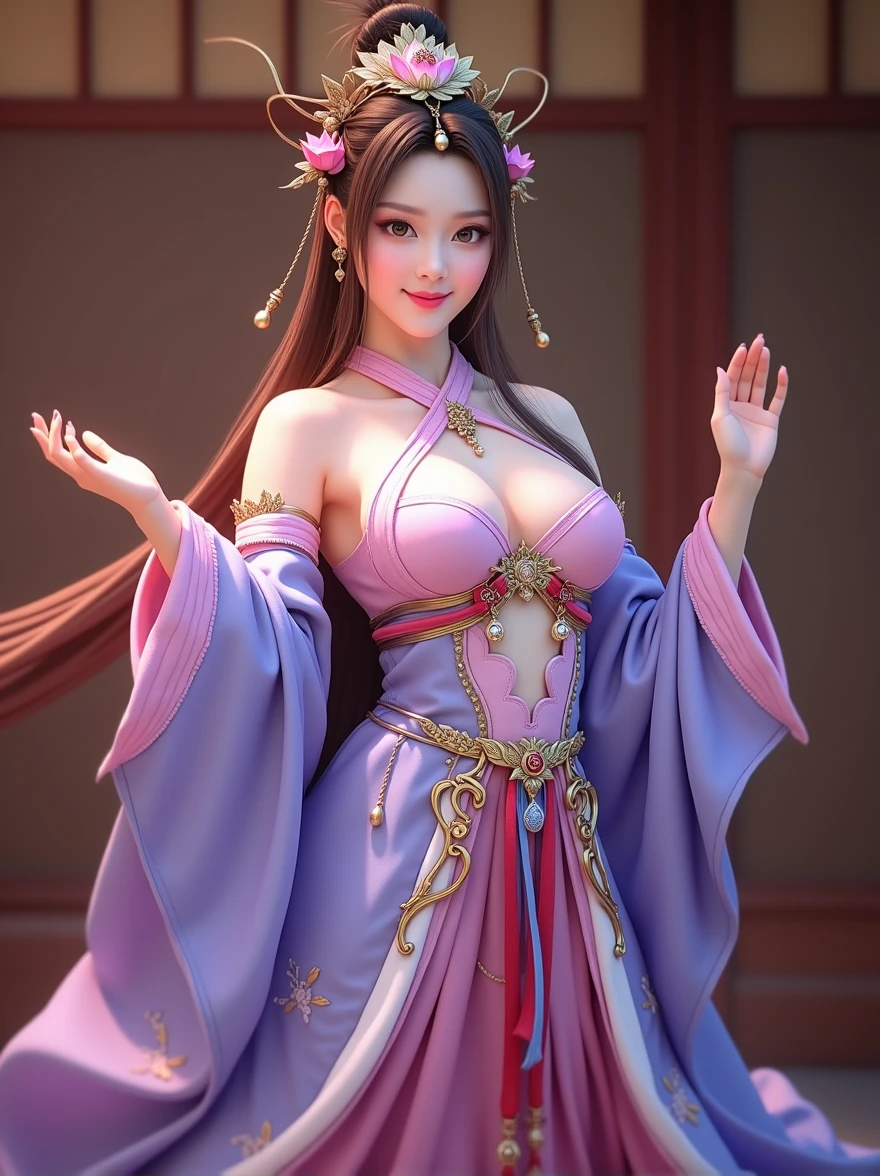 (masterpiece, best quality, 8k, (raw photo:1.2),((photorealistic)), ultra-detailed, highres, extremely detailed), Photo of a attractive woman in diaochan cosplay costume, Kings Impact Diao Chan Cosplay Costume, moderately large breasts, lotus detail, crown with accessories, hair stick, luxury, aristocracy, royalty, (delicate, gentle pose), pose for photo, (((beautiful eyes))), meticulous makeup, curled eyelashes, ((looking at viewer)), light smile, no background, professional photographer studio lighting, (cosplay character game), ((((((full body))))), (((wide angle))), three of kingdoms, diaochan, the wind makes the hair fly, (((the brown hair is thick, long and fluttering))), ((photo-realistic skin with visible pores and blemishes))
