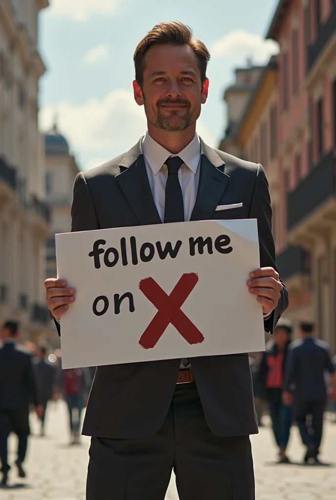 Elon musk holding a big banner sign that says "follow me on X"
