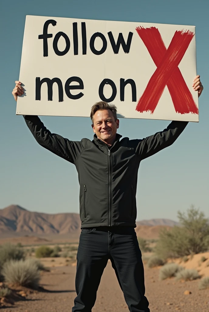 Elon musk holding a big banner sign that says "follow me on X"