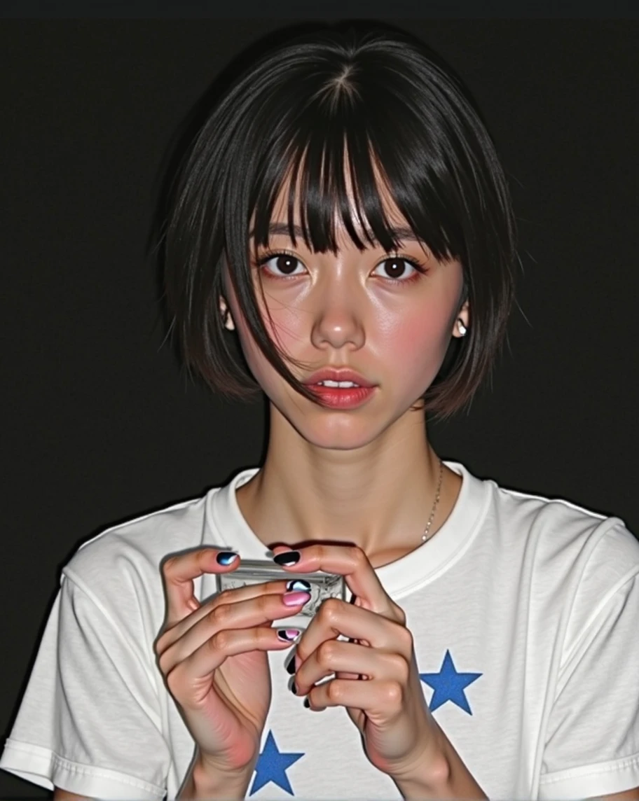 (RAW photo, best quality, masterpiece: 1.2), (photorealistic: 1.4), best lighting, 20 years old, (detail face, detail eyes, light gray eyes, light gray hair, short straight bob cut, Symmetrical eyes :1.3)
