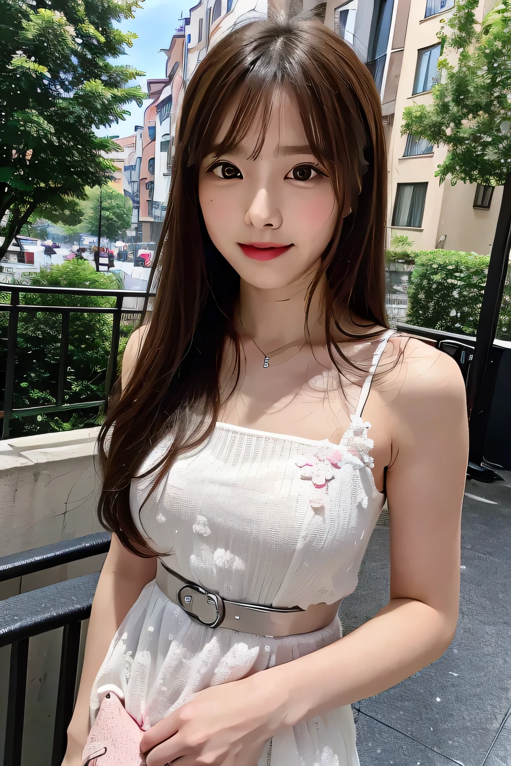 Beautiful woman , wearing a white floral dress with pink accents and a silver belt, posing on the balcony of an apartment building overlooking greenery and buildings in Milan's fashion district. She has long brown hair tied back into loose waves, fair skin, bright eyes, and is smiling at the camera. The background shows a cityscape and trees, with the fashionable streets of Milan visible behind her. Captured using a Canon EOS R5 mirrorless lens, with natural daylight lighting. The style is in the style of natural daylight portraits taken in Milan. --ar 128:85