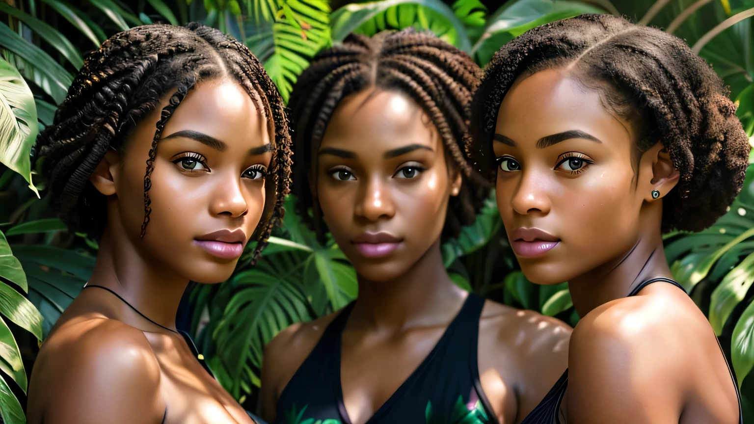 4 beautiful black girls, beautiful detailed eyes, beautiful detailed lips, extremely detailed eyes and face, long eyelashes, athletic athletic bodies, tropical garden background, (best quality,4k,8k,highres,masterpiece:1.2),ultra-detailed,(realistic,photorealistic,photo-realistic:1.37),natural lighting,cinematic composition,intricate details,highly detailed facial features, close up of 4 girls