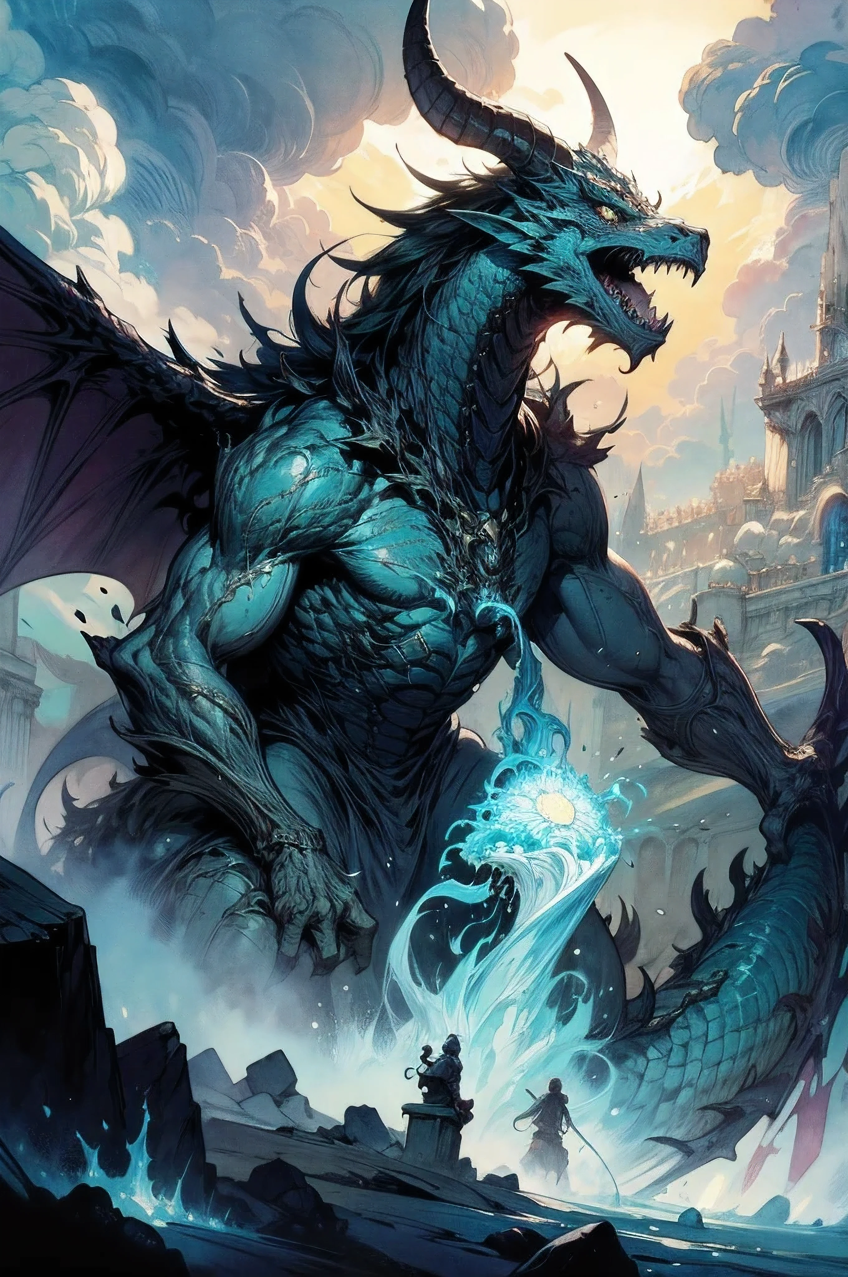 (masterpiece, top quality, best quality, official art, beautiful and aesthetic:1.2), extreme detailed, a scene of Ugin the spirit dragon, imposing, majestic, open wings, silver and jade color, slim body, closed mouth, serious looking, tragic atmosphere, clouds, spitting blue fire, huge horns, huge wings, ink and watercolor painting, art by Arthur Rackham