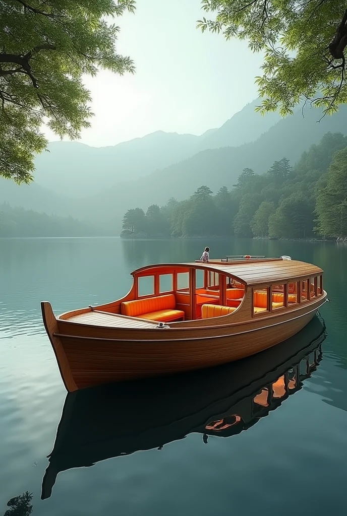 The image shows a wooden boat floating on a body of water. The boat is made of a curved wooden structure with multiple windows on the sides, allowing natural light to enter the space. The interior of the boat is furnished with orange cushioned seating and a wooden deck. The sky is overcast and there are trees in the background, creating a peaceful and serene atmosphere. The water is calm and still, reflecting the boat and the surrounding landscape.