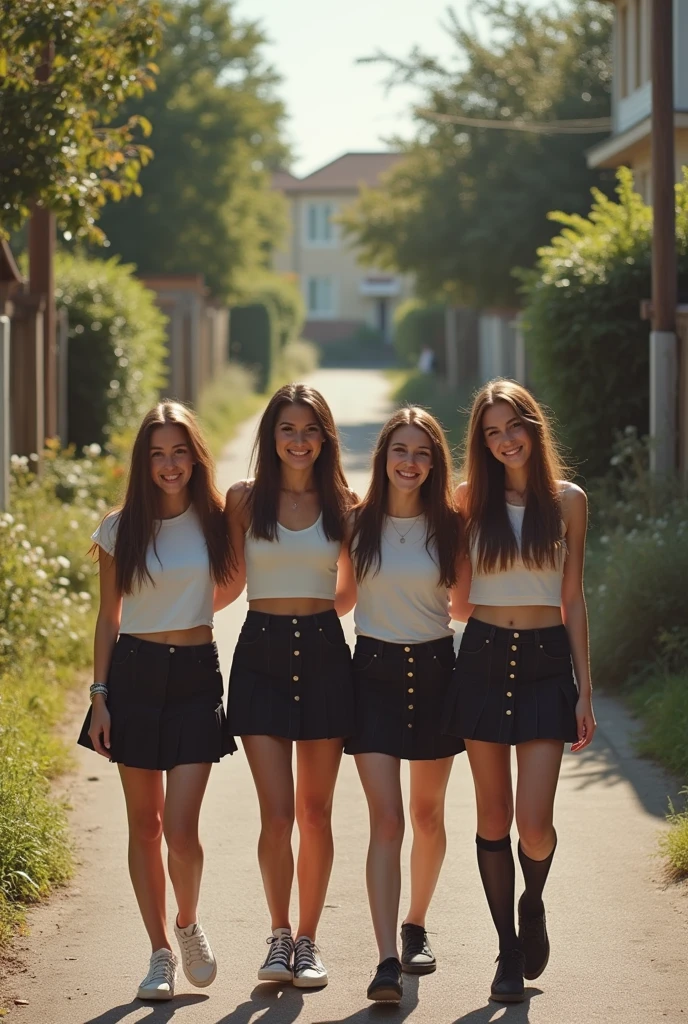 a group of beutiful brown hair teenanger, show entire bodys, all wearing short skirts, all wear black transparent tights, sneaker, sunny day, smiling, staying in neighboorhood, aerial photography, 20 years old, realistic