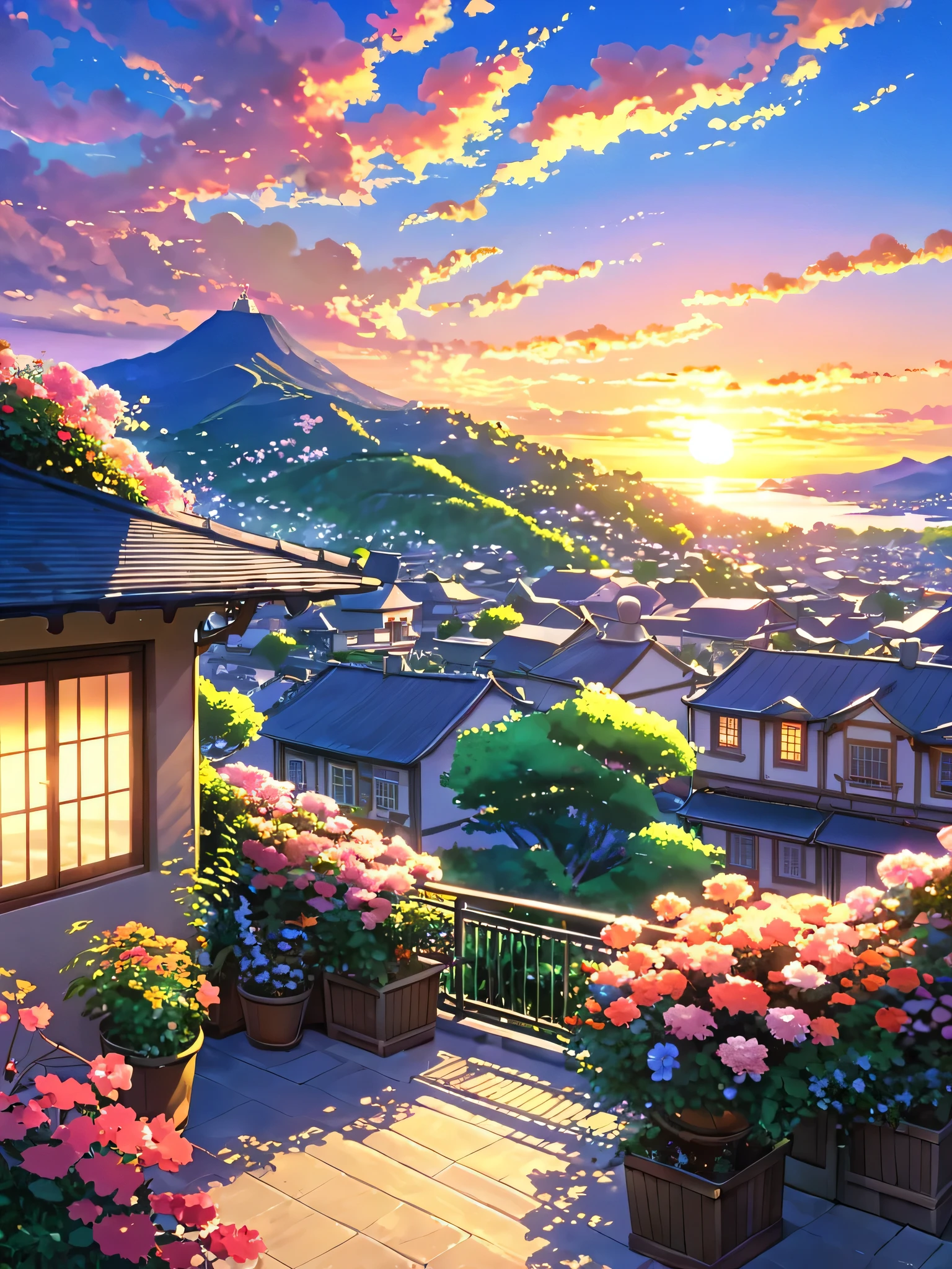 a painting of a sunset over a city, floral sunset, hd anime cityscape, anime scenery, anime landscape, beautiful anime scenery, anime background art, anime scenery concept art, beautiful anime art, tomas kinkade, watching the sun set. anime, beautiful anime artwork, background of flowery hill, beautiful terrace, anime style cityscape, anime beautiful peace scene, no people