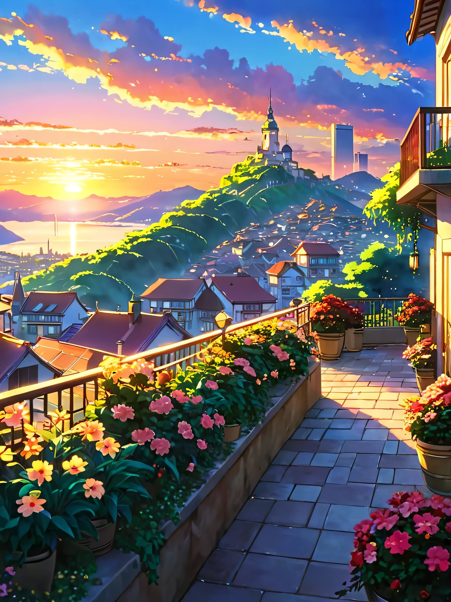 a painting of a sunset over a city, floral sunset, hd anime cityscape, anime scenery, anime landscape, beautiful anime scenery, anime background art, anime scenery concept art, beautiful anime art, tomas kinkade, watching the sun set. anime, beautiful anime artwork, background of flowery hill, beautiful terrace, anime style cityscape, anime beautiful peace scene, no people