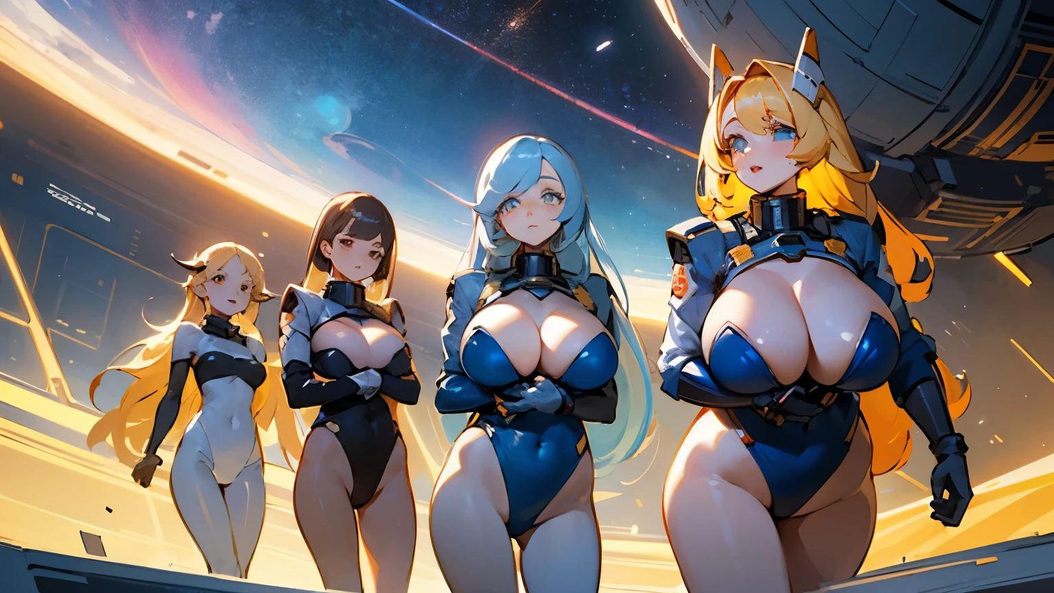 Masterpiece, 4girls, wearing , beauty and cute, high detailed, dinamic lighting, vivid colours, ultra large saggy breasts, massive cleavage exposed, A giant spacecraft navigating interstellar space, Sophisticated design, huge geometric figures stacked in layers,standing, white skin, blue eyeballs, blonde hair, happys, various hair styles, harem