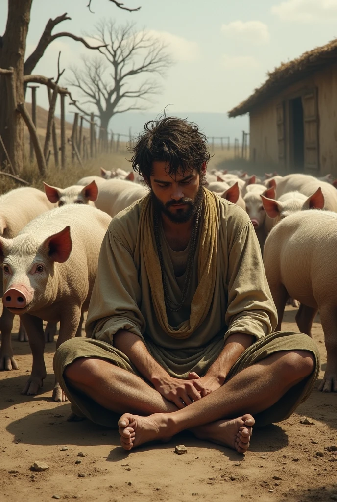 Draw the father's older son , who is dirty himself, how he sits alone in the dirt among pigs in ancient times