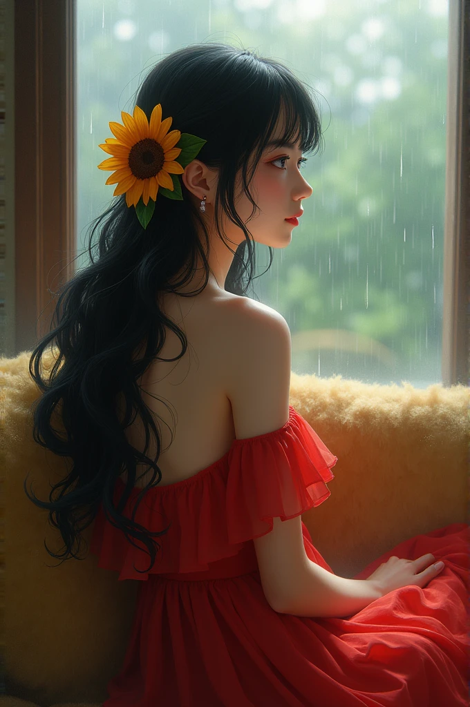 a beautiful woman with long black hair with a sunflower clip and a red dress sitting on a sofa looking out the window while it is raining name Kj 
