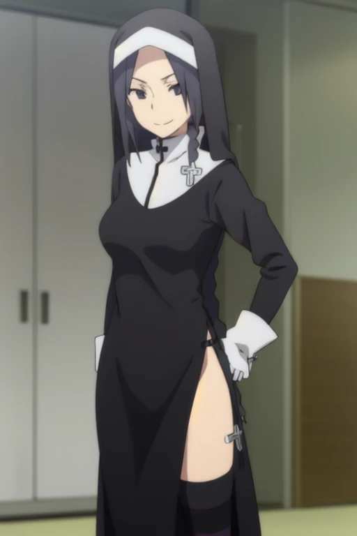 shinatsuhiko_yae, long hair, black hair, black eyes, nun, cross, striped thighhighs, long sleeves, dress, jewelry, side slit,white footwear,boots, room, white gloves, Solo, 1girl, smile,