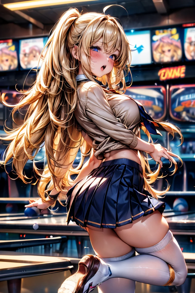 Browsing Caution,​(Highest quality, 8k, masterpiece:1.3,beautiful girl),(Very detailed)Glowing Skin,(((Long Hair,blonde,Beautiful Hair))),(Perfect Anatomy, Anatomically correct, Very detailed肌),((Golden Eyes)),(((((Perfect Fingers))))),((Light blue collared shirt, Navy pleated mini skirt, socks, Navy tie, Light brown cardigan, White knee socks)),Pink Panties,  Knee-high socks,Knee-high socks on both feet,Double teeth,Big Breasts,Big Ass,Side Angle, Focus Only,((bowling alley、Enjoy bowling)),Annoyed expression,dynamic