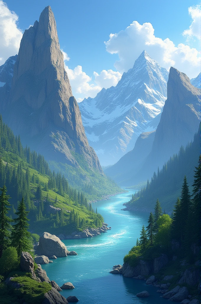 Two mountain between river art