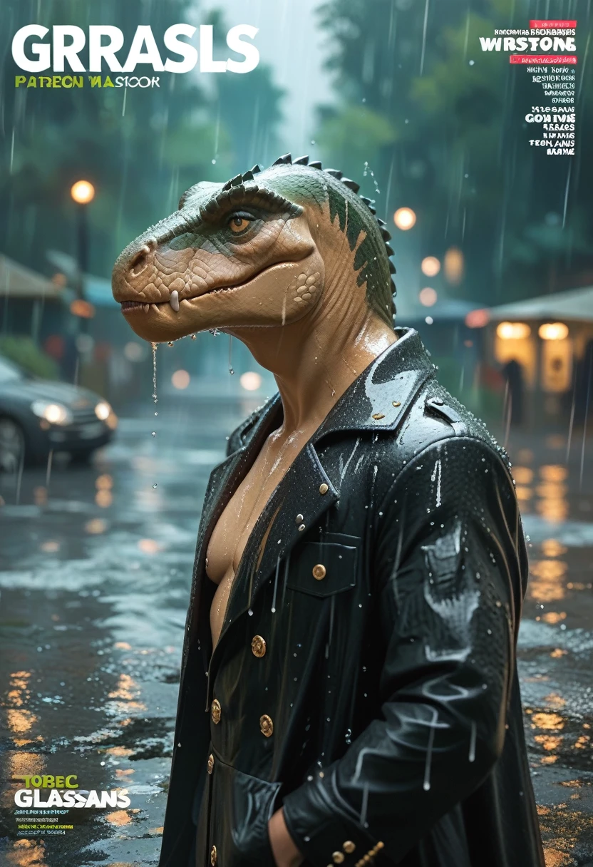 Fashion Magazine Cover,Fierce Tyrannosaurus(Wearing a black trench coat),,(No humans),E7E48U,Wet body,rain, Background grassland