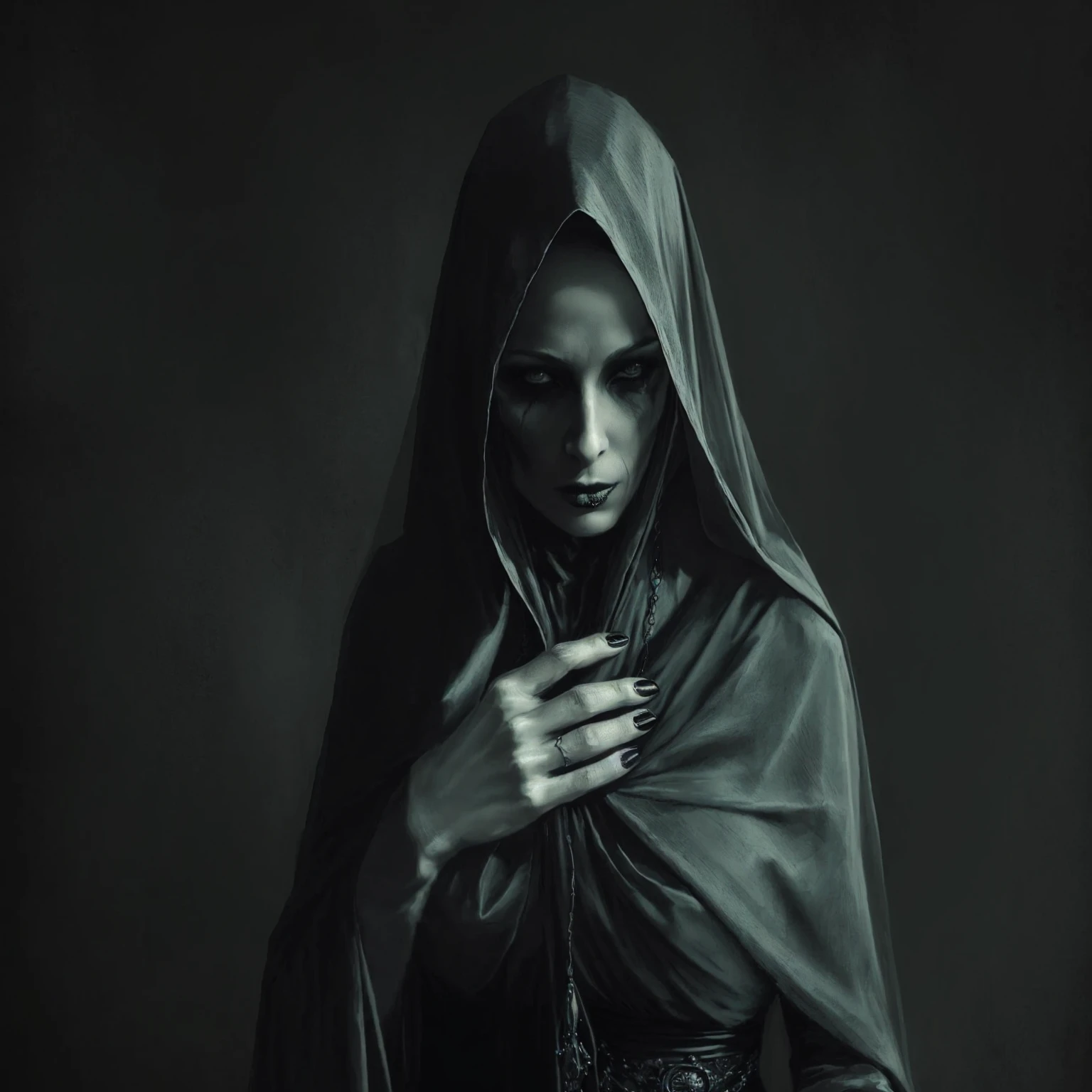 arafed woman in a black robe holding a cell phone, cloaked woman, mysterious woman, dark fantasy digital art, dark but detailed digital art, dark fantasy portrait, woman in black robes, portrait of a dark witch, gothic wearing hooded dark cloak, dark art style, haunted and sad expression, fantasy dark art, dark fantasy mixed with realism, gothic art style