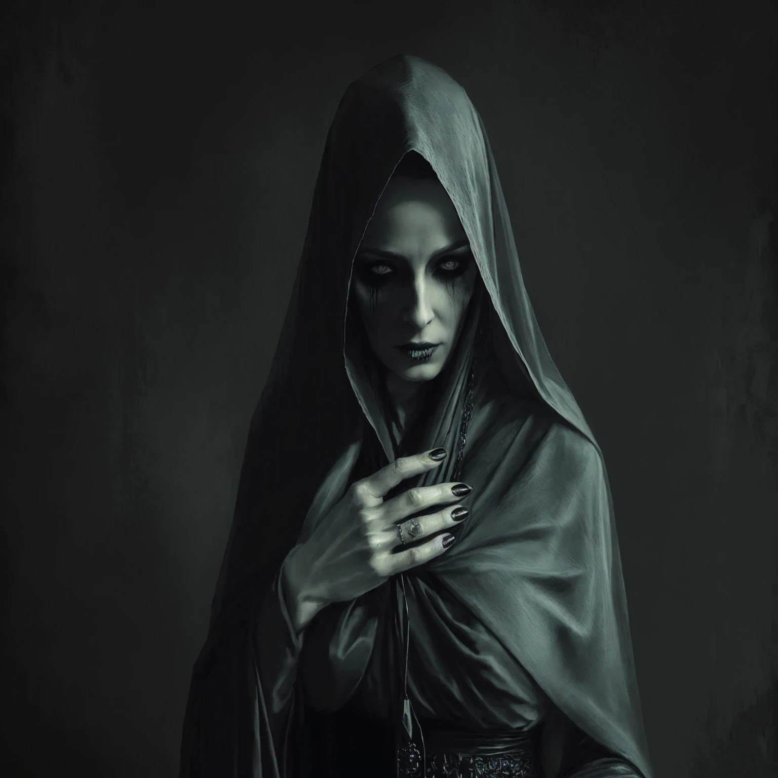 arafed woman in a black robe holding a cell phone, cloaked woman, mysterious woman, dark fantasy digital art, dark but detailed digital art, dark fantasy portrait, woman in black robes, portrait of a dark witch, gothic wearing hooded dark cloak, dark art style, haunted and sad expression, fantasy dark art, dark fantasy mixed with realism, gothic art style