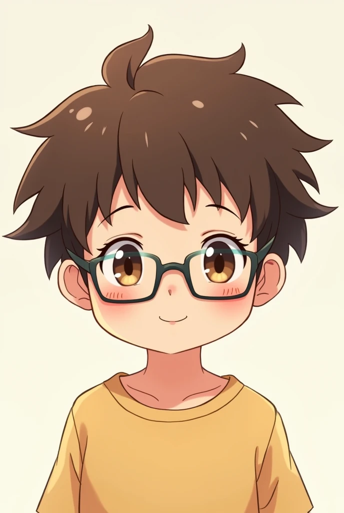 boy with brown curly hair with glasses, looks shy but cheerful, anime