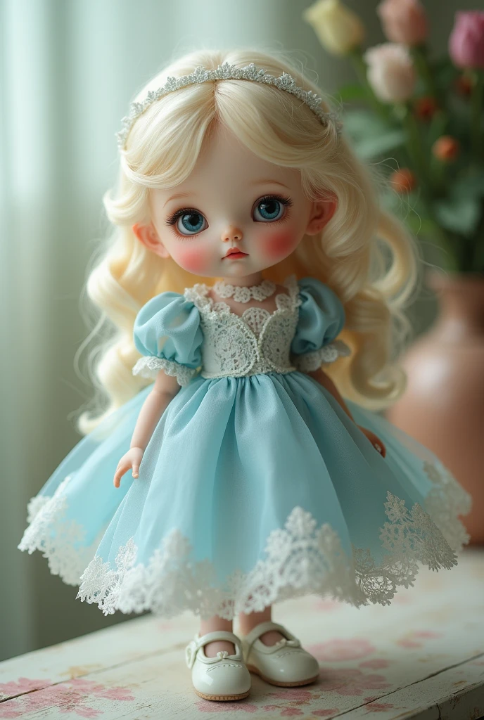 A doll dressed in blue, white shoes and tulle stockings