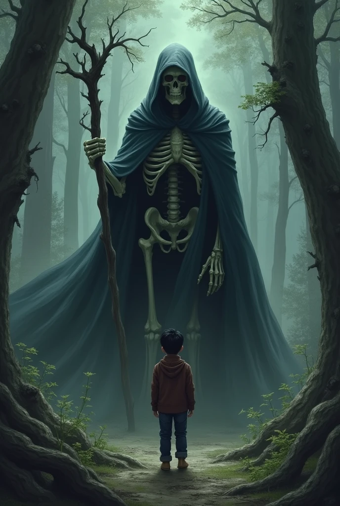 A skeleton in a black cloak is holding a stick on the opposite side of a black-haired boy standing in the forest.
