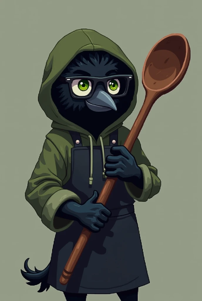 (pixel art 16 bits),logo, skinny small male black crow with green eyes,black frame glasses, curly hair, wearing a olive hoodie covering its face and a black chefs apron, holding a big wooden spoon like a longsword