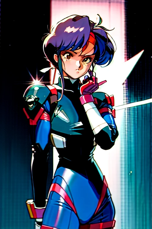 Kenichi Sonoda, retro art-style, official style, Pris, bubblegum crisis, very aesthetic, masterpiece, best quality, anime key-visual, intricate, overall detail, 1girl, She is wearing a hard suit with the face guard down so her face is not visible.