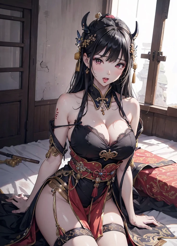 ((no background:1.0)), (cowboy shot), best quality, masterpiece, Solo, detailed beautiful lady, ancient Chinese costume, huge breasts, open neckline, black dress, open mouth, stick out tongue, oily skin, (nsfw:1.1)