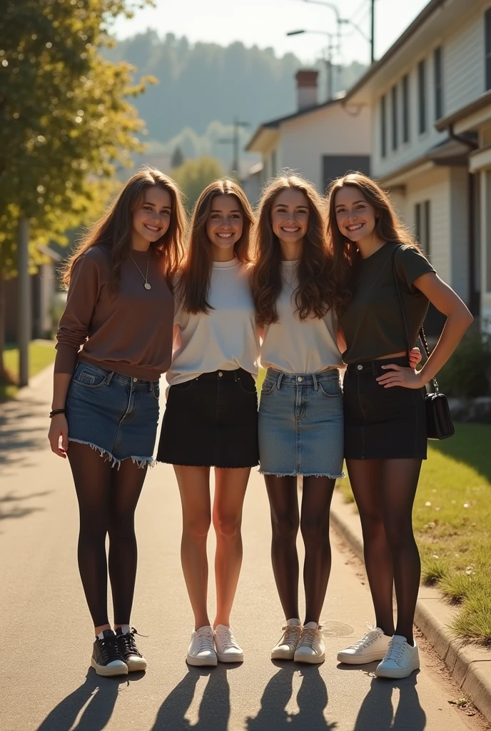 a group of beutiful brown hair teenanger, show entire bodys, all wearing small skirts, all wear black transparent tights, sneaker, sunny day, smiling, staying in neighboorhood, aerial photography, 20 years old, realistic