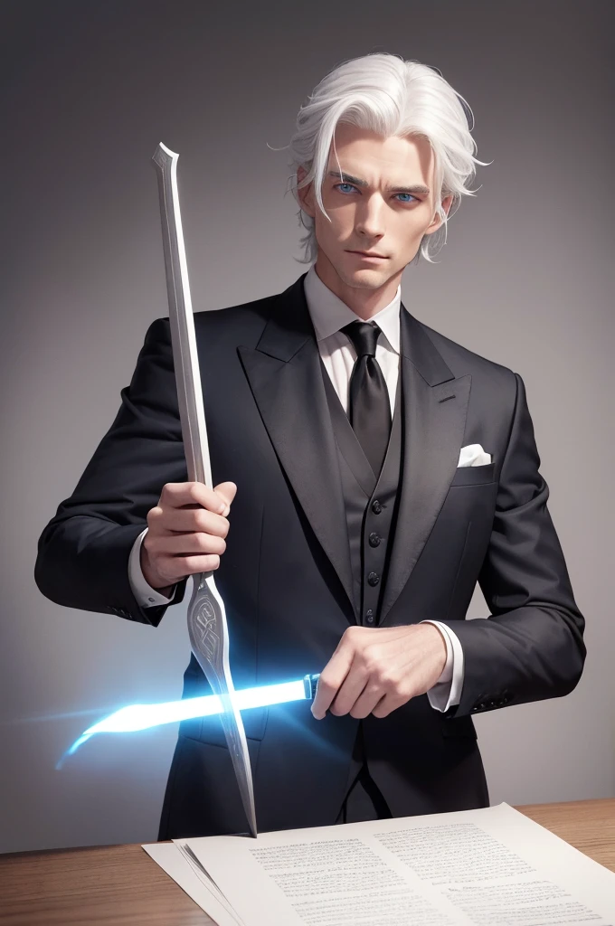 A man with blue eyes, a black suit, white hair and medium-length hair tied back, with an average body build, is holding a wand with white embroidery on black in his hand. He holds the wand towards the parchment on the table and casts a spell. His entire body can be seen in a dimly lit environment.