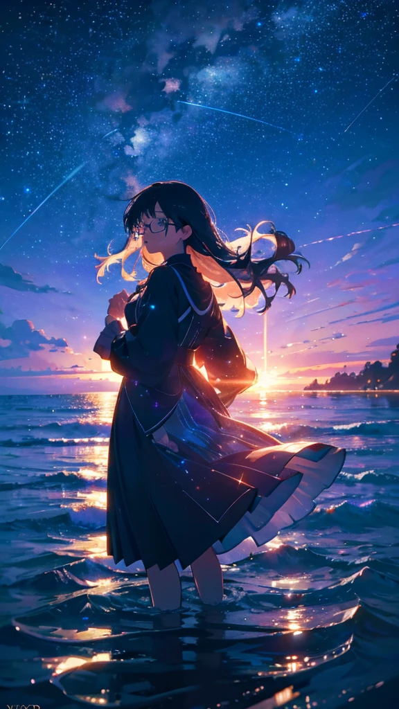 xcdd, dress, wading, star, water, sky, night, glowing, star, night sky, light particles, floating hair, (LilyPichuTI:0.9), glasses, absurdres, ultra detailed, aesthetic, detailed, sparkle, backlighting, masterpiece, best quality, UHD, high details, high quality, 8k