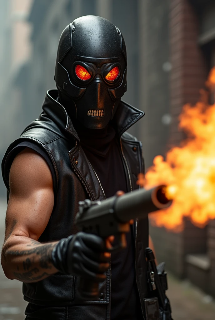 a man, full-face helmet, sleeveless black leather jacket, flamethrower, "The Exterminator",