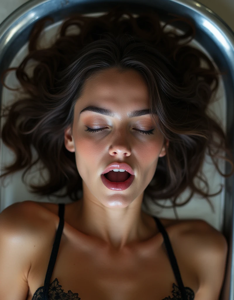 (A young and very beautiful woman is lying on a large silver tray:1.4)、(mouth wide open:1.4)、(Frowning detailed eyebrows:1.4)、Eyes closed:1.1、Detailed sweaty skin、Detailed eyelids、saliva、Detailed teeth、Detailed tongue、Blushing、Ears are red、Trembling、Large Breasts、Wearing detailed underwear、Close up on face、Secret Clubs、Shot from above、